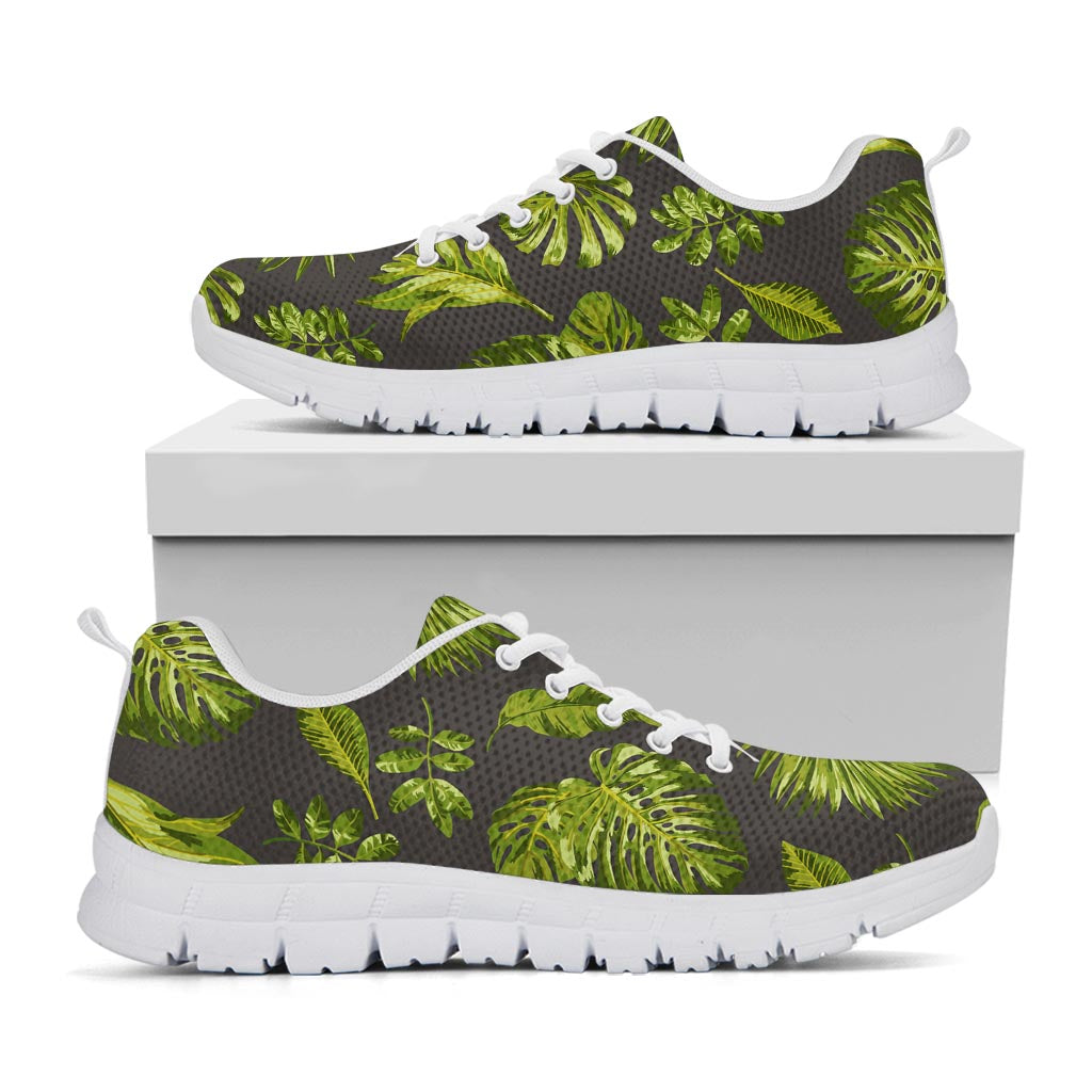 Dark Tropical Leaf Pattern Print White Running Shoes