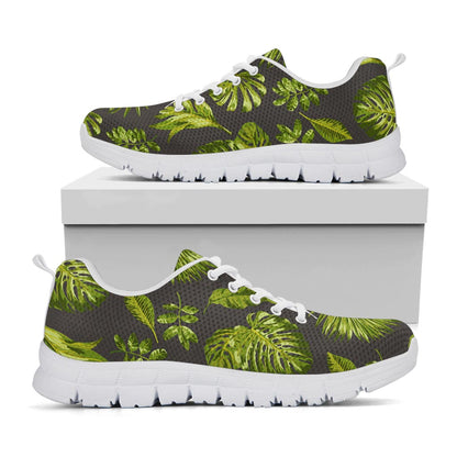 Dark Tropical Leaf Pattern Print White Running Shoes