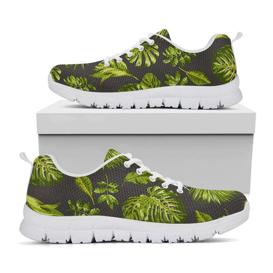 Dark Tropical Leaf Pattern Print White Running Shoes