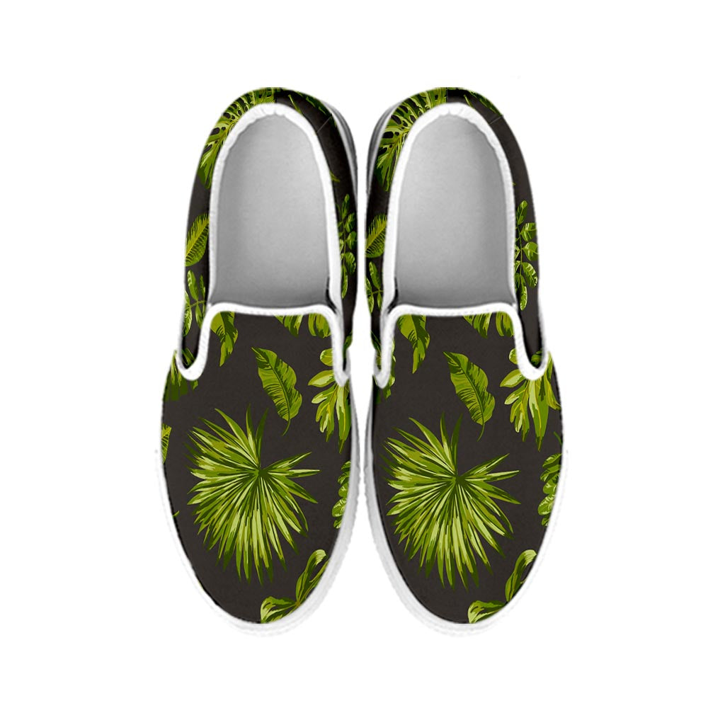 Dark Tropical Leaf Pattern Print White Slip On Sneakers