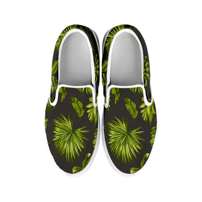 Dark Tropical Leaf Pattern Print White Slip On Sneakers