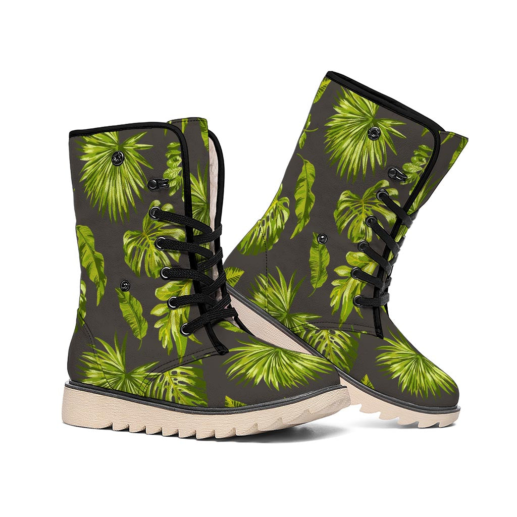 Dark Tropical Leaf Pattern Print Winter Boots