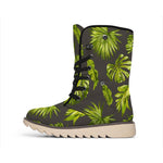 Dark Tropical Leaf Pattern Print Winter Boots