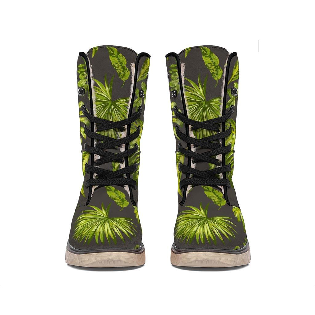 Dark Tropical Leaf Pattern Print Winter Boots