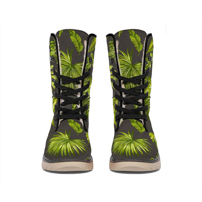 Dark Tropical Leaf Pattern Print Winter Boots