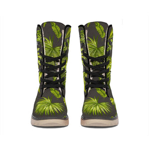 Dark Tropical Leaf Pattern Print Winter Boots