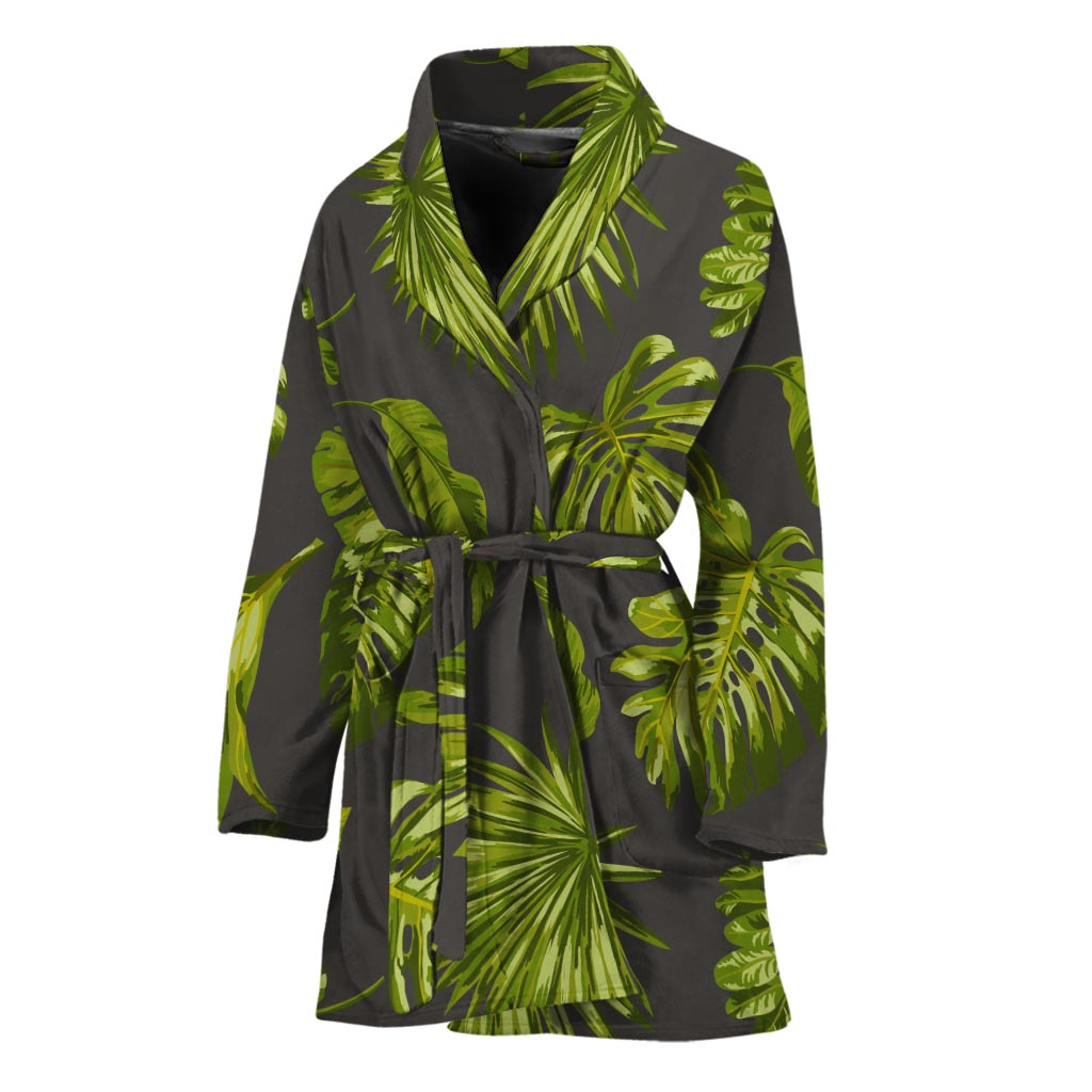 Dark Tropical Leaf Pattern Print Women's Bathrobe