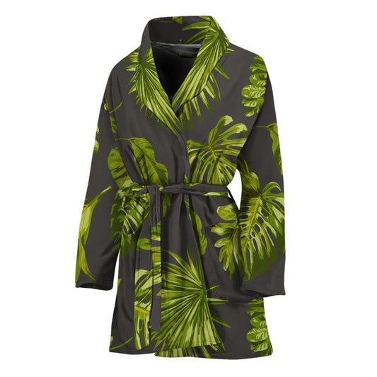 Dark Tropical Leaf Pattern Print Women's Bathrobe