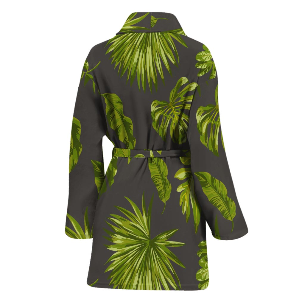 Dark Tropical Leaf Pattern Print Women's Bathrobe