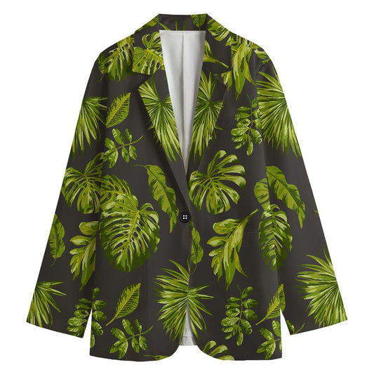 Dark Tropical Leaf Pattern Print Women's Blazer