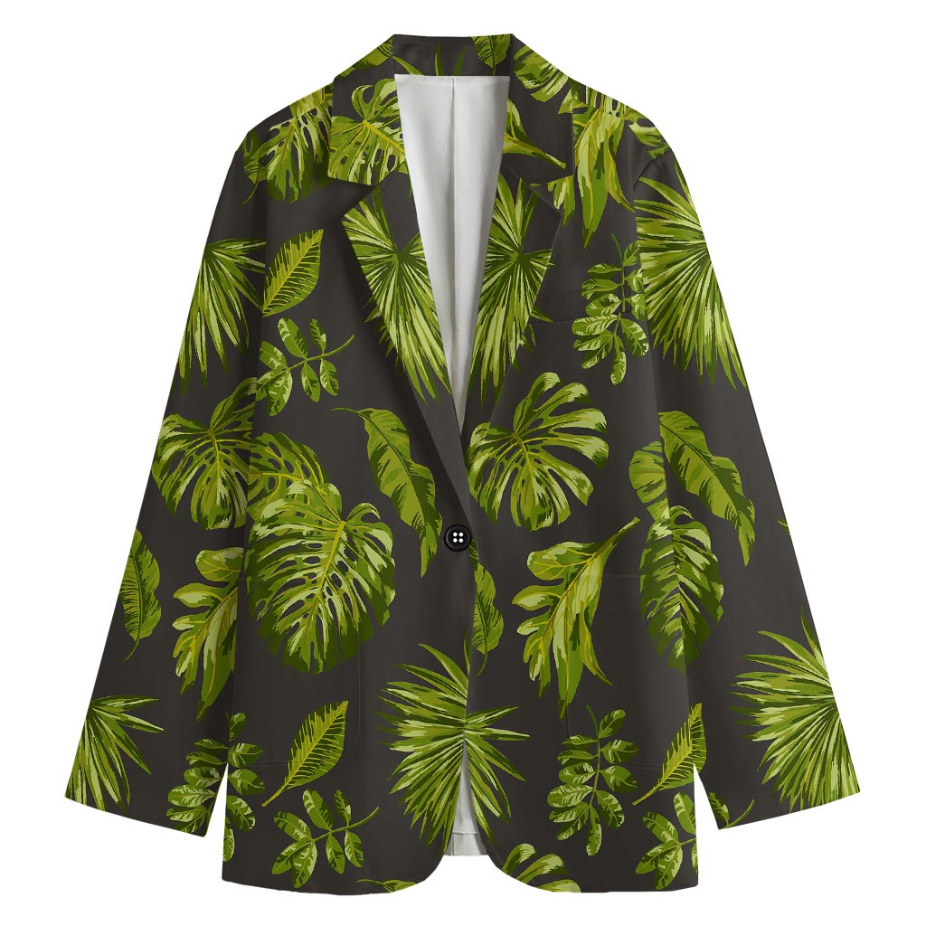 Dark Tropical Leaf Pattern Print Women's Cotton Blazer