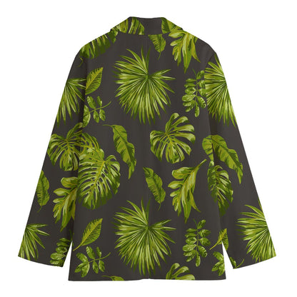 Dark Tropical Leaf Pattern Print Women's Cotton Blazer