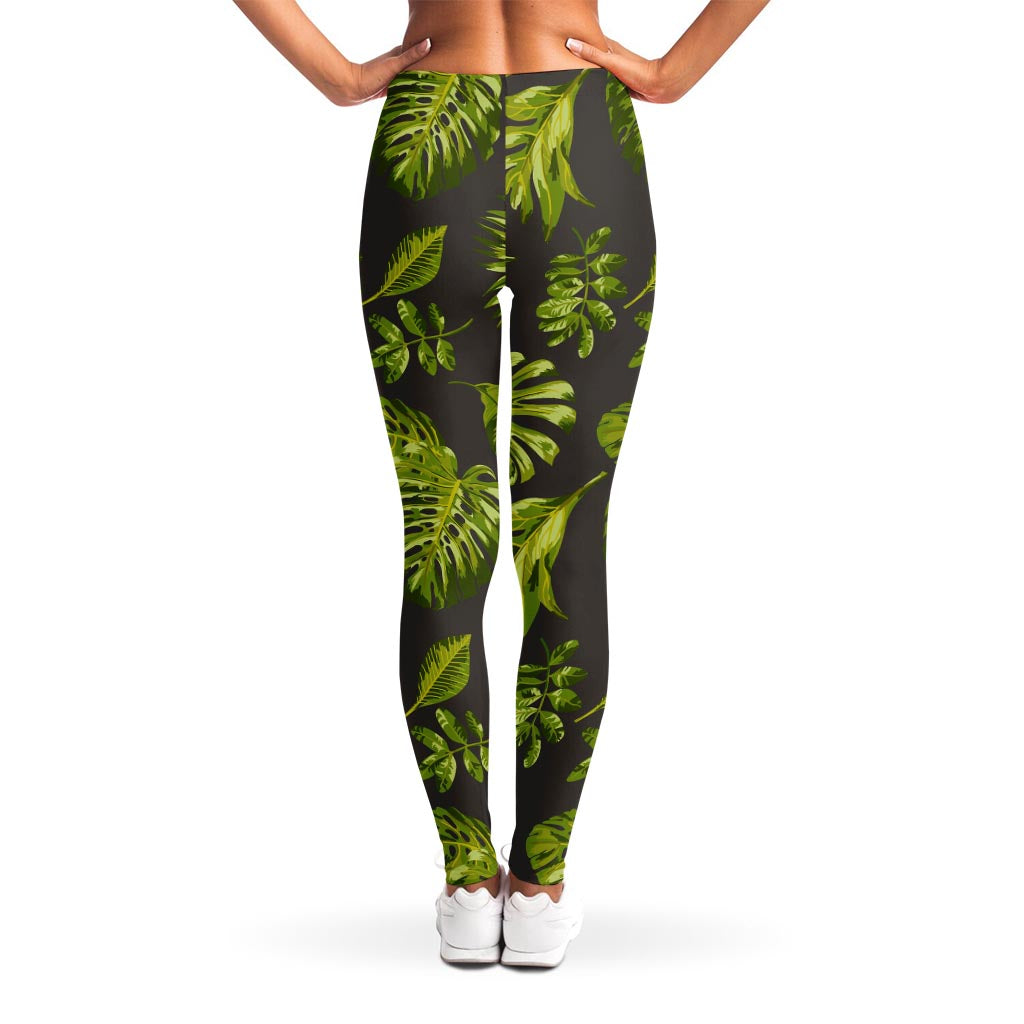 Dark Tropical Leaf Pattern Print Women's Leggings