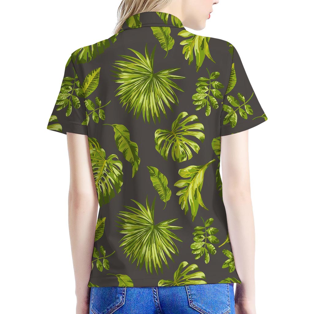 Dark Tropical Leaf Pattern Print Women's Polo Shirt