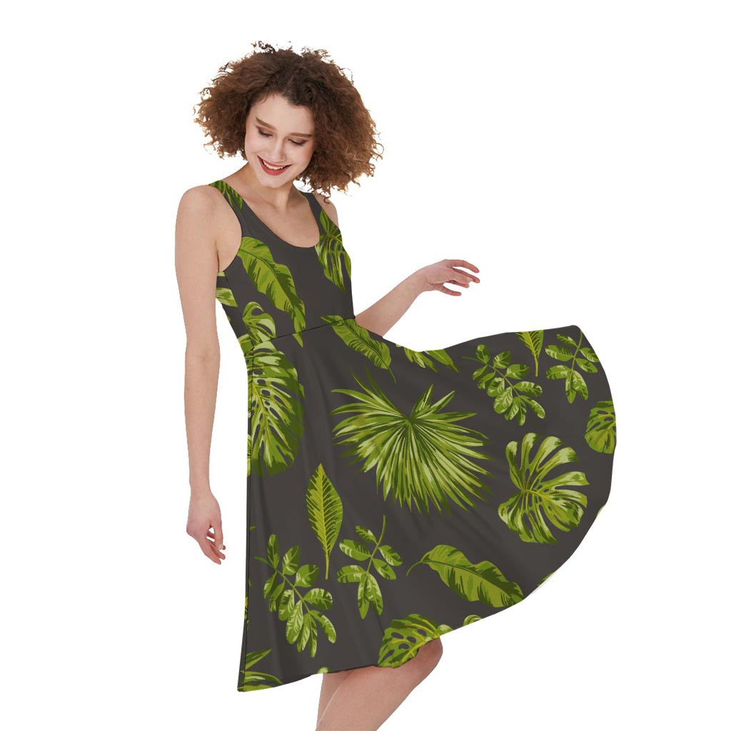 Dark Tropical Leaf Pattern Print Women's Sleeveless Dress