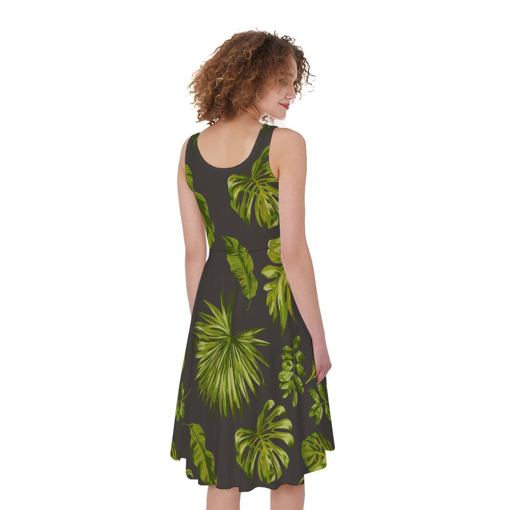 Dark Tropical Leaf Pattern Print Women's Sleeveless Dress