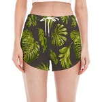 Dark Tropical Leaf Pattern Print Women's Split Running Shorts
