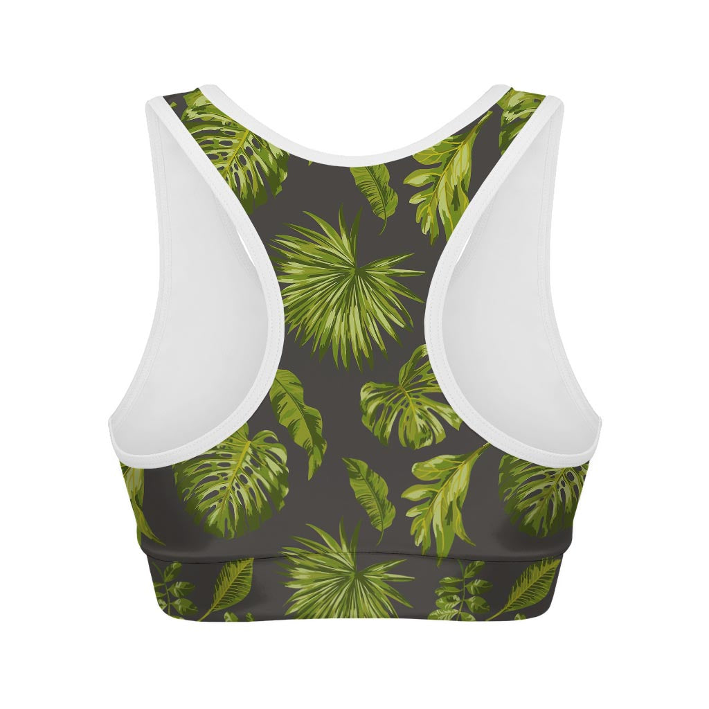 Dark Tropical Leaf Pattern Print Women's Sports Bra