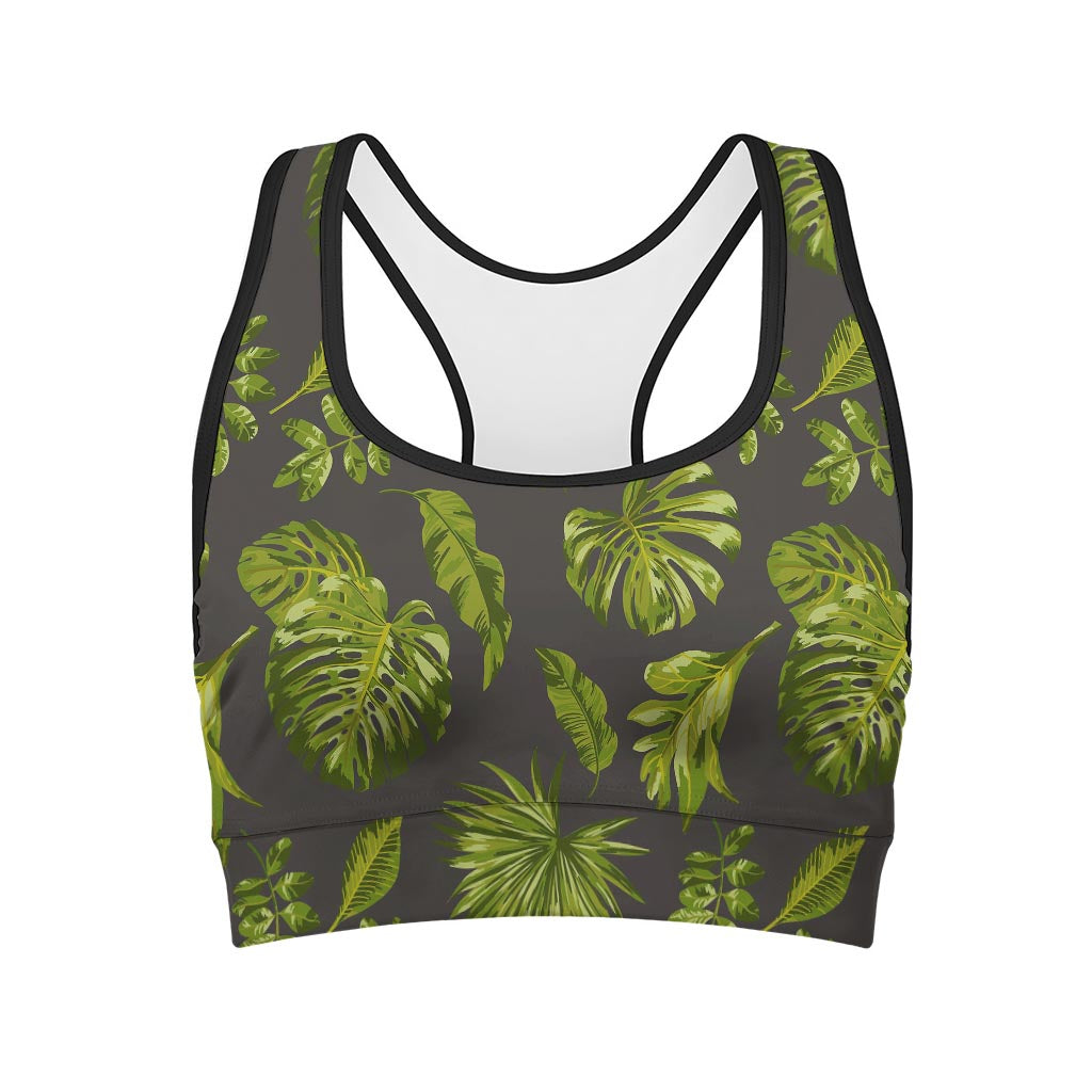 Dark Tropical Leaf Pattern Print Women's Sports Bra