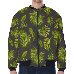 Dark Tropical Leaf Pattern Print Zip Sleeve Bomber Jacket