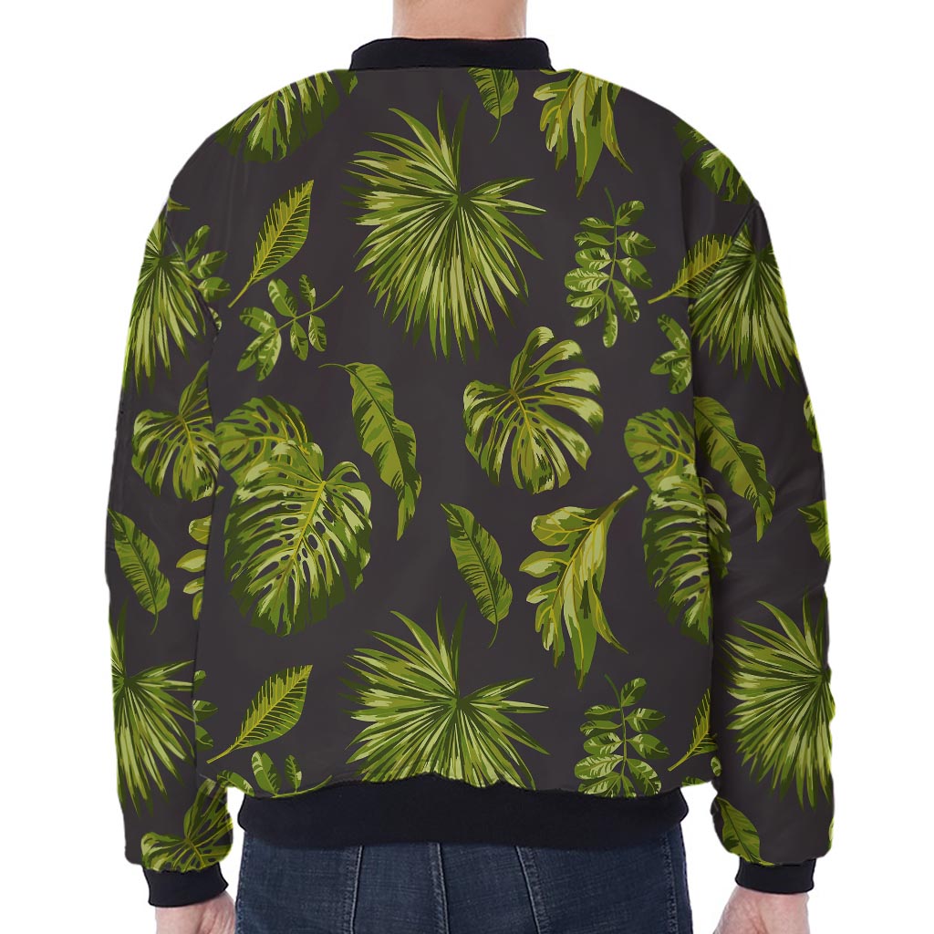 Dark Tropical Leaf Pattern Print Zip Sleeve Bomber Jacket