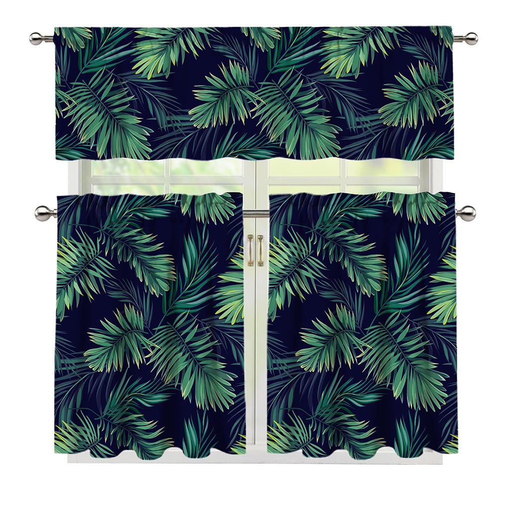 Dark Tropical Palm Leaf Pattern Print 3 Piece Kitchen Curtains