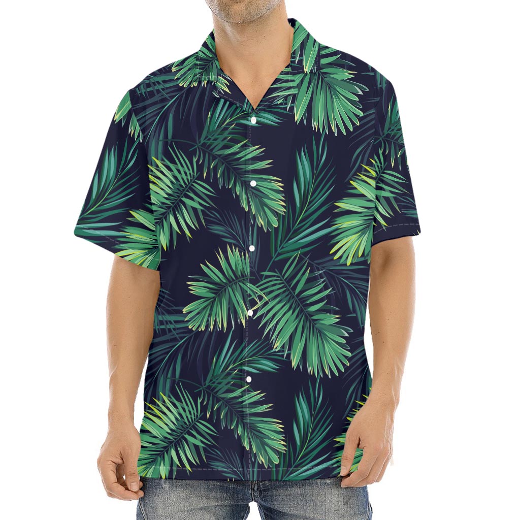Dark Tropical Palm Leaf Pattern Print Aloha Shirt
