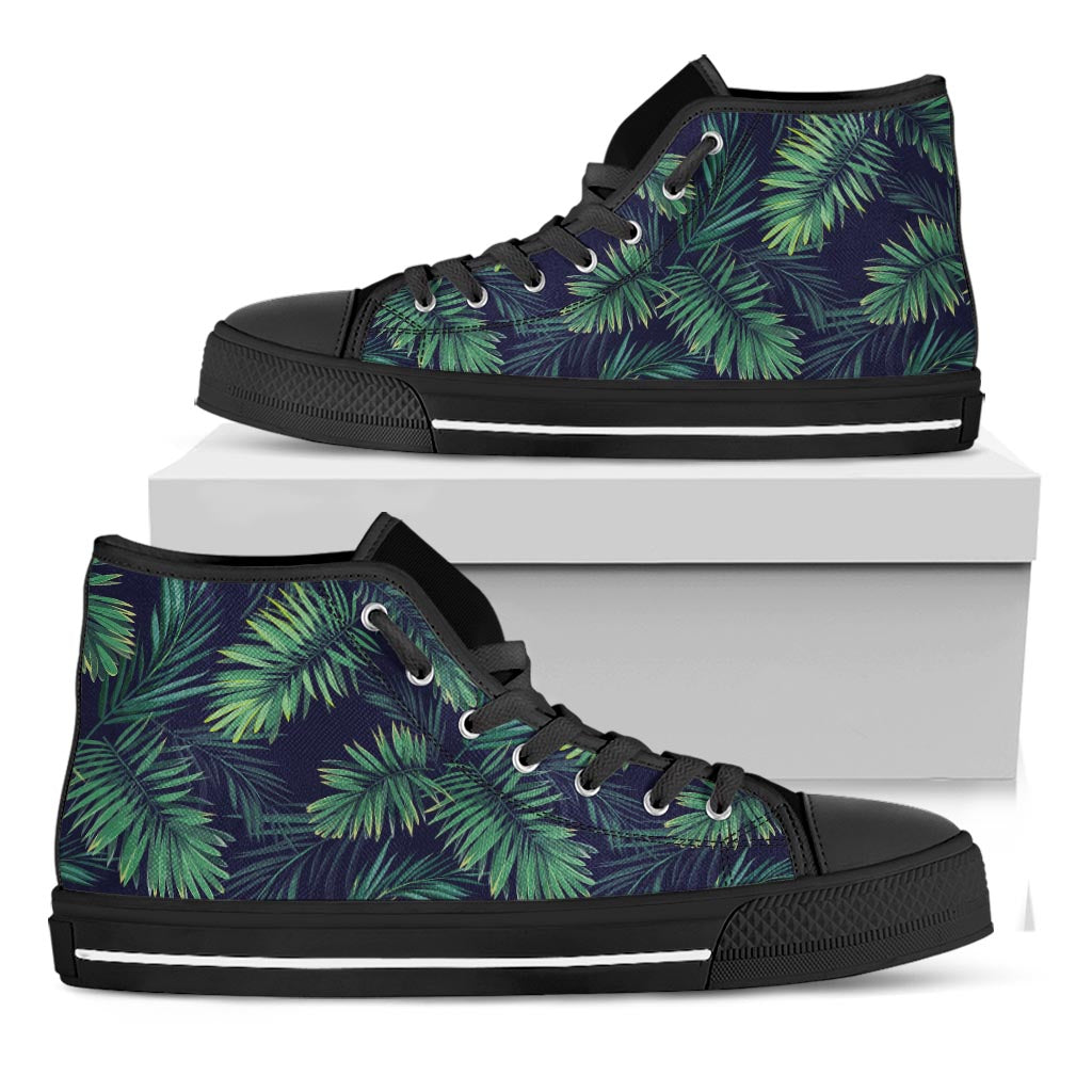 Dark Tropical Palm Leaf Pattern Print Black High Top Sneakers