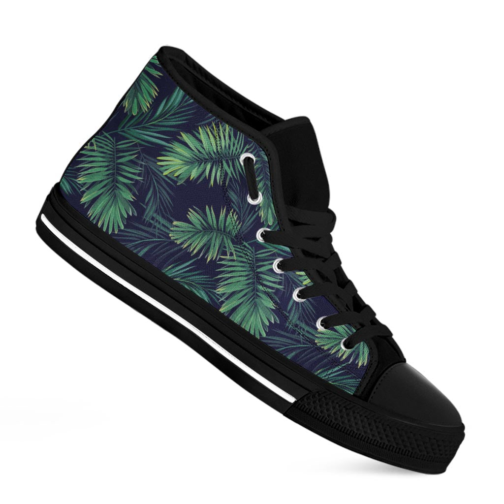 Dark Tropical Palm Leaf Pattern Print Black High Top Sneakers