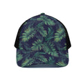 Dark Tropical Palm Leaf Pattern Print Black Mesh Trucker Hat