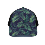 Dark Tropical Palm Leaf Pattern Print Black Mesh Trucker Cap