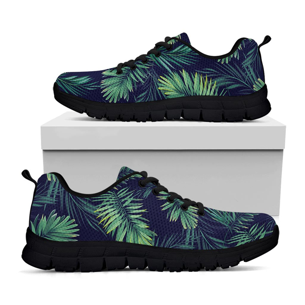 Dark Tropical Palm Leaf Pattern Print Black Running Shoes