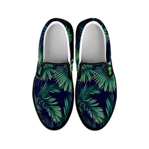 Dark Tropical Palm Leaf Pattern Print Black Slip On Sneakers