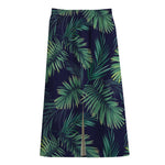 Dark Tropical Palm Leaf Pattern Print Cotton Front Slit Maxi Skirt