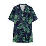 Dark Tropical Palm Leaf Pattern Print Cotton Hawaiian Shirt