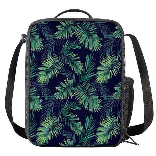 Dark Tropical Palm Leaf Pattern Print Crossbody Lunch Bag