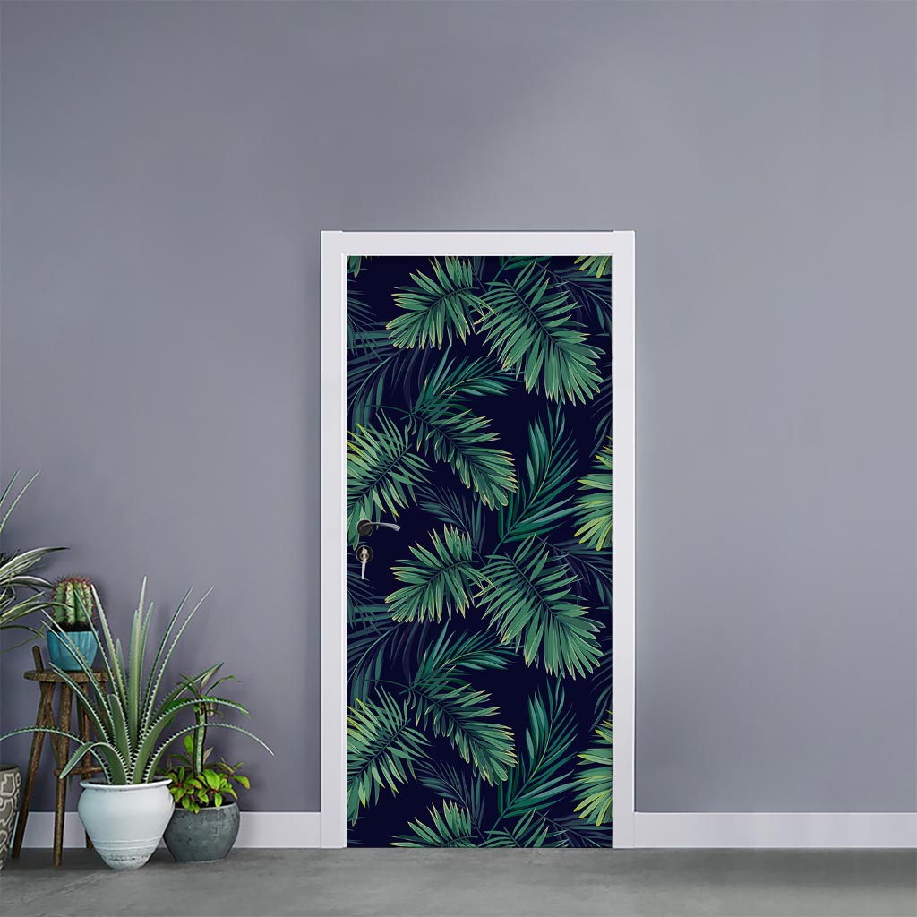 Dark Tropical Palm Leaf Pattern Print Door Sticker
