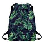Dark Tropical Palm Leaf Pattern Print Drawstring Backpack