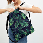Dark Tropical Palm Leaf Pattern Print Drawstring Backpack