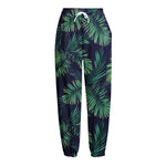 Dark Tropical Palm Leaf Pattern Print Fleece Lined Knit Pants