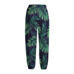 Dark Tropical Palm Leaf Pattern Print Fleece Lined Knit Pants