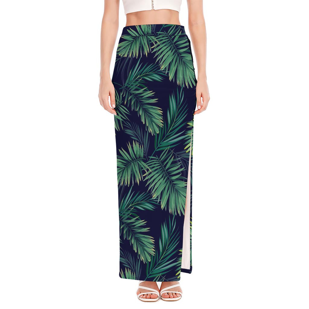 Dark Tropical Palm Leaf Pattern Print High Slit Maxi Skirt