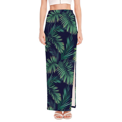 Dark Tropical Palm Leaf Pattern Print High Slit Maxi Skirt