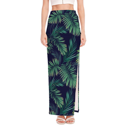 Dark Tropical Palm Leaf Pattern Print High Slit Maxi Skirt