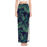 Dark Tropical Palm Leaf Pattern Print High Slit Maxi Skirt