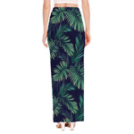 Dark Tropical Palm Leaf Pattern Print High Slit Maxi Skirt