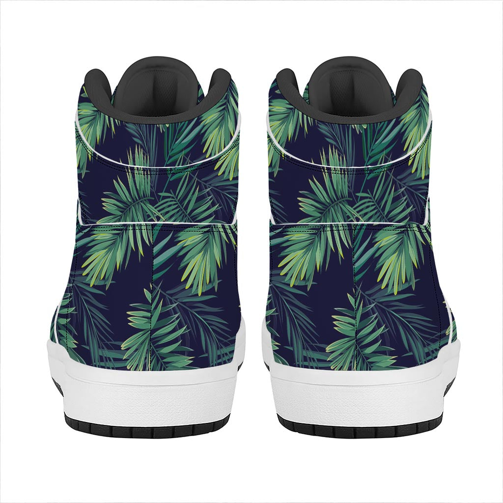 Dark Tropical Palm Leaf Pattern Print High Top Leather Sneakers