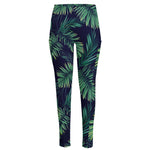 Dark Tropical Palm Leaf Pattern Print High-Waisted Pocket Leggings