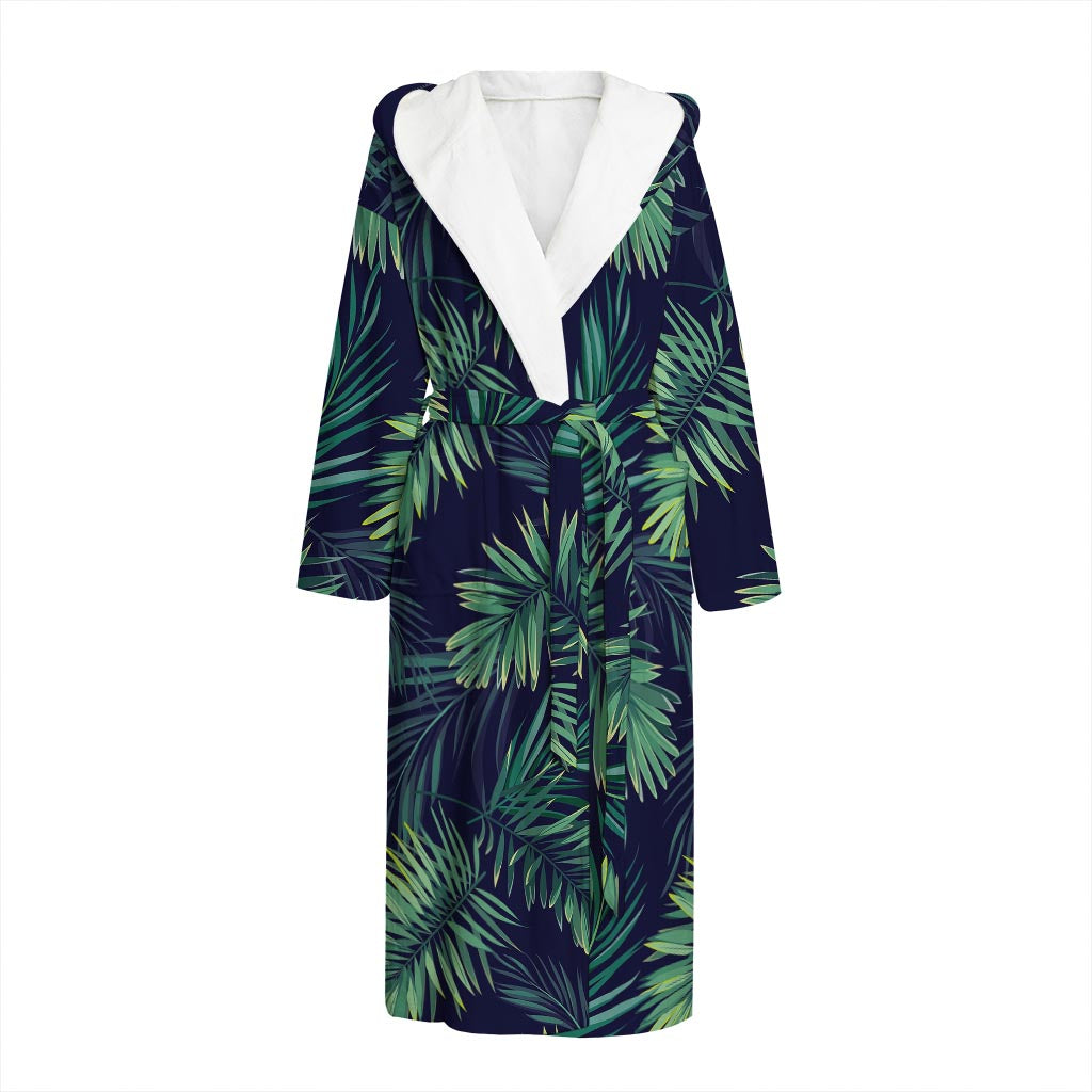 Dark Tropical Palm Leaf Pattern Print Hooded Bathrobe