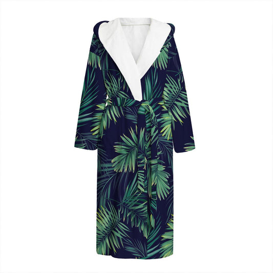 Dark Tropical Palm Leaf Pattern Print Hooded Bathrobe